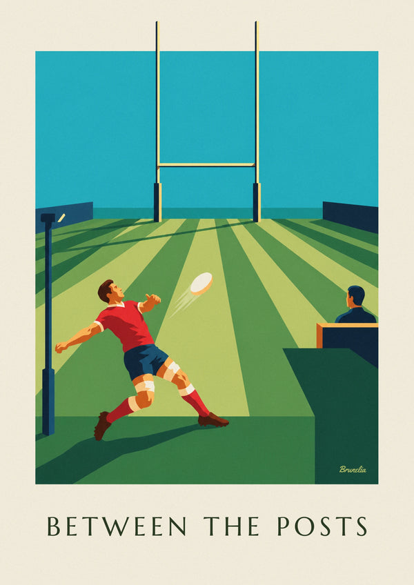 Rugby kicker and ball toward the stadium posts poster