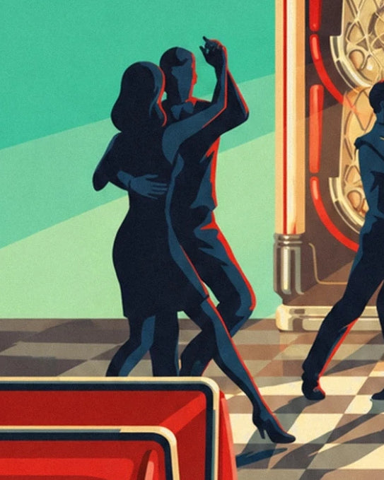 The dancing couple with midnight blue silhouettes in front of the jukebox and red booths