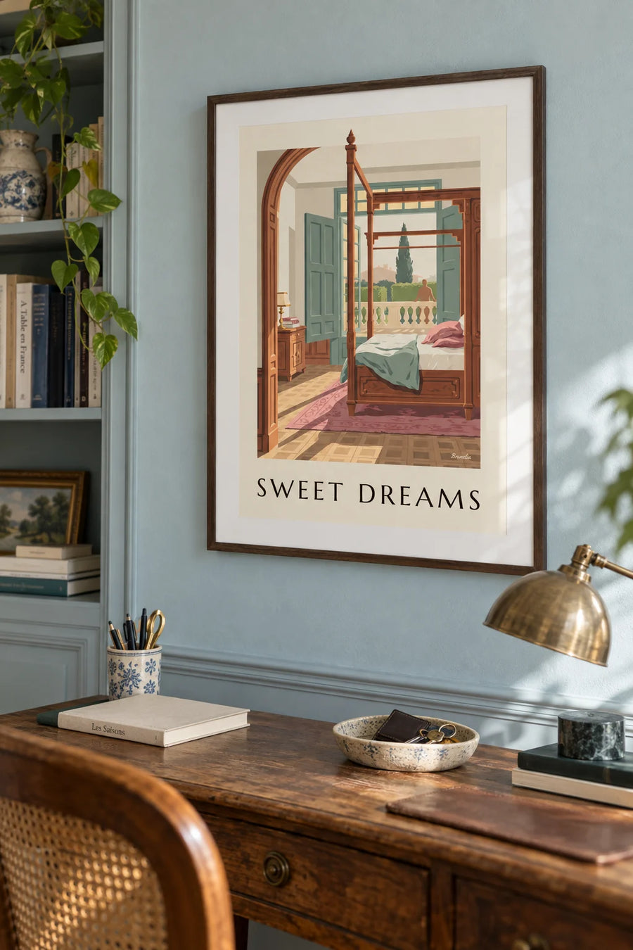 Poster of an antique carved wooden bed in a sunlit bedroom: framed on the wall