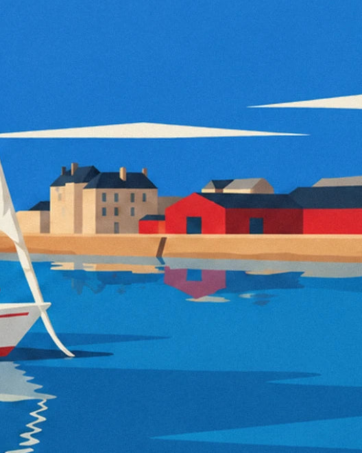 The red shed and large stone house with a slate roof, reflected in the water beside the quay