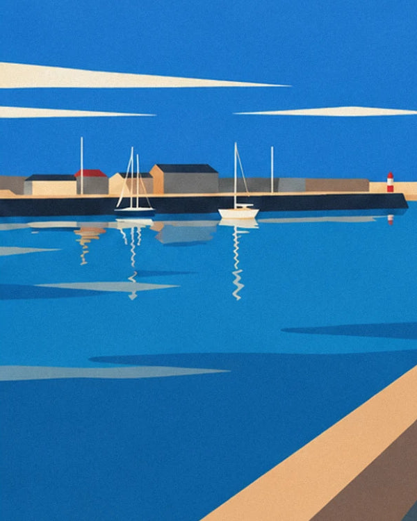 Small white sailing boats in the distance, in front of the breakwater and houses of Lorient harbour
