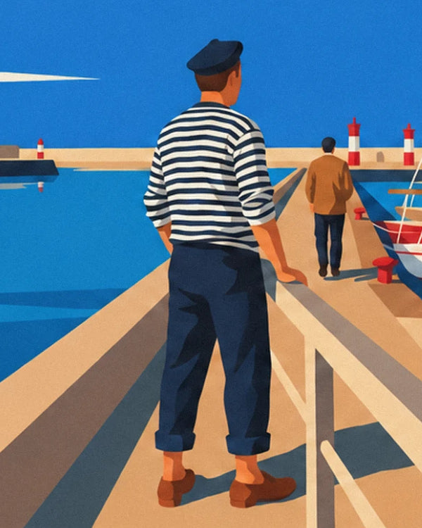 The sailor in a striped top and beret, leaning on the pier facing the red and white lighthouses