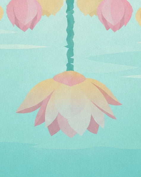 Le reflet d'un lotus aux pétales rose pâle et jaunes dans l'eau turquoise