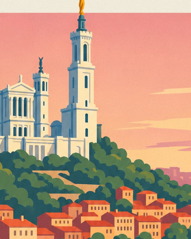 Affiche bouchon lyonnais face à la Saône et à Fourvière : détail en gros plan