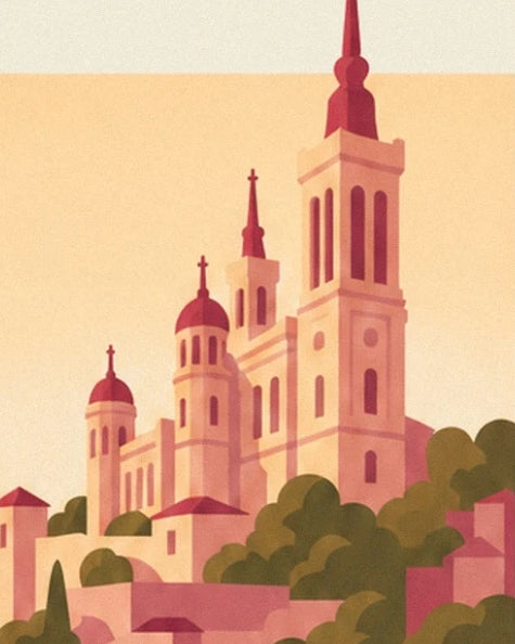 The pink towers of the basilique de Fourvière above the trees and rooftops