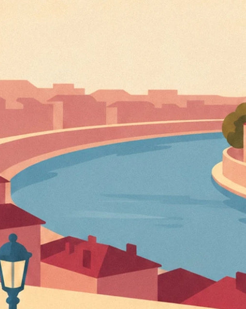 The blue curve of the Saône between pink quays, red rooftops and a street lamp