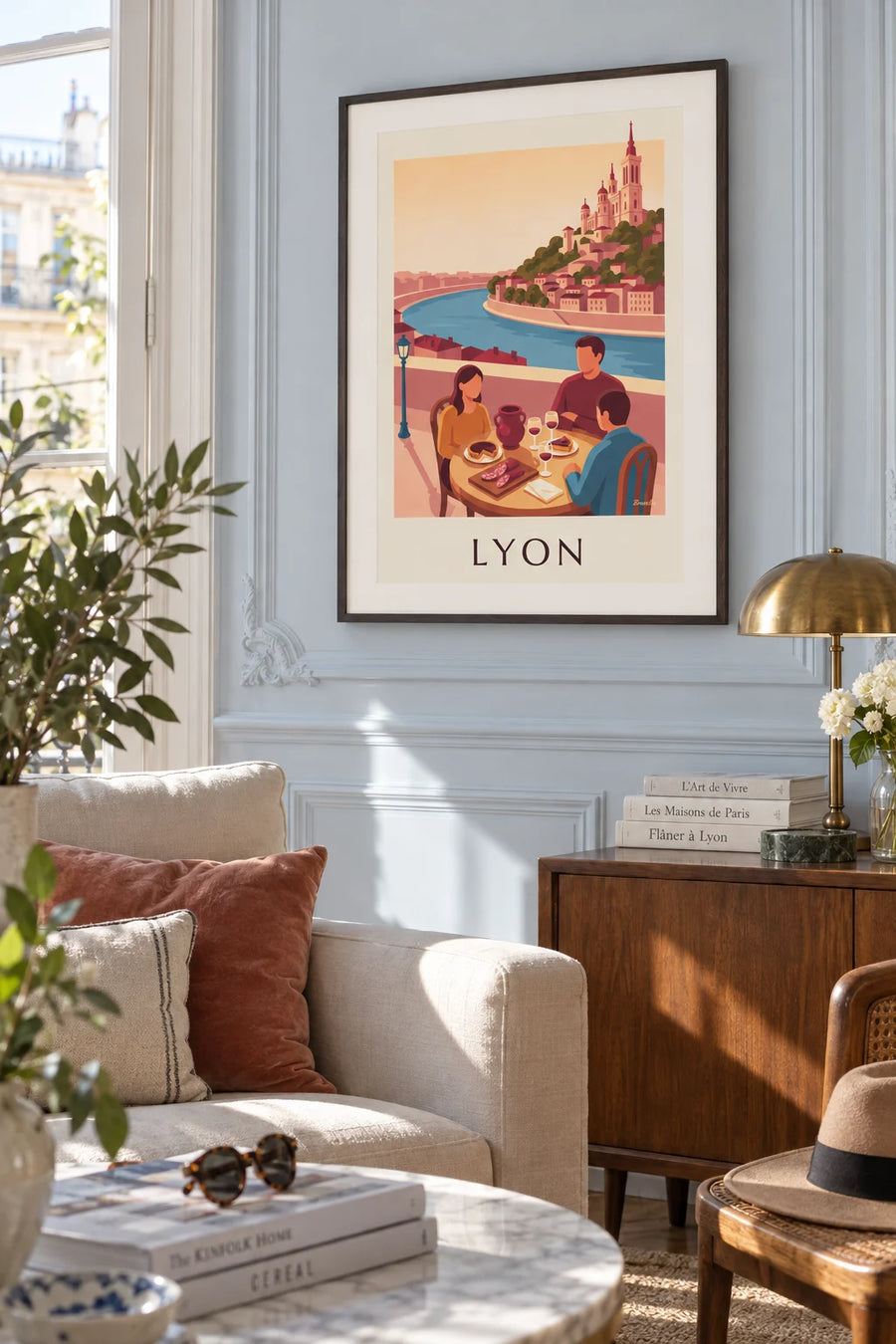 Lyonnais bouchon poster facing the Saône and Fourvière: framed on the wall