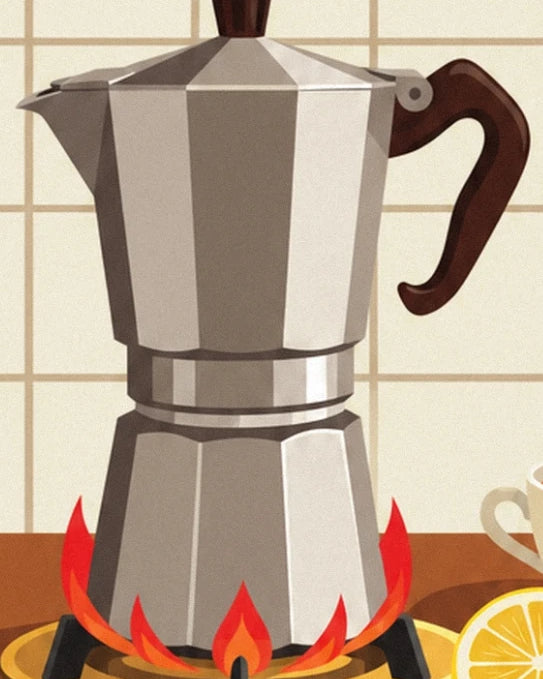 The silver moka pot with a brown handle over red flames