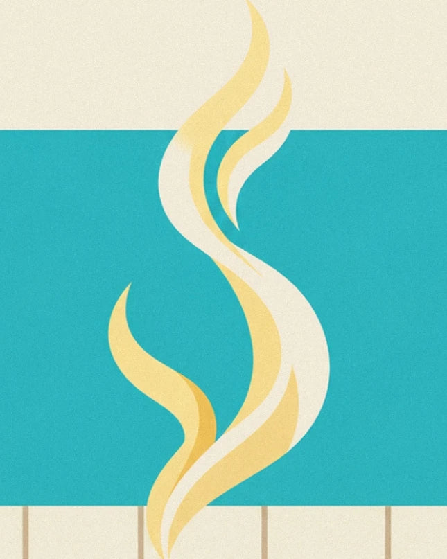 Cream and yellow swirls of steam against a turquoise background edged with tiles