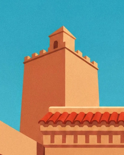 The ochre minaret with battlements and a small dark opening behind the red roof tiles
