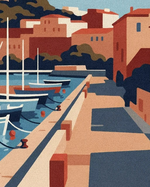 The sunlit quay, its red mooring bollards and the harbour's ochre façades