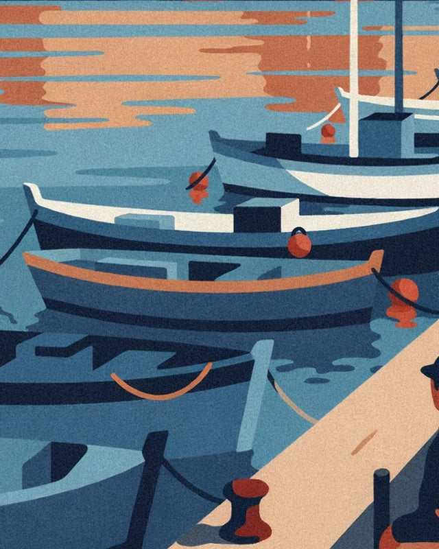 The blue and white rowing boats with red buoys, moored beside the quay