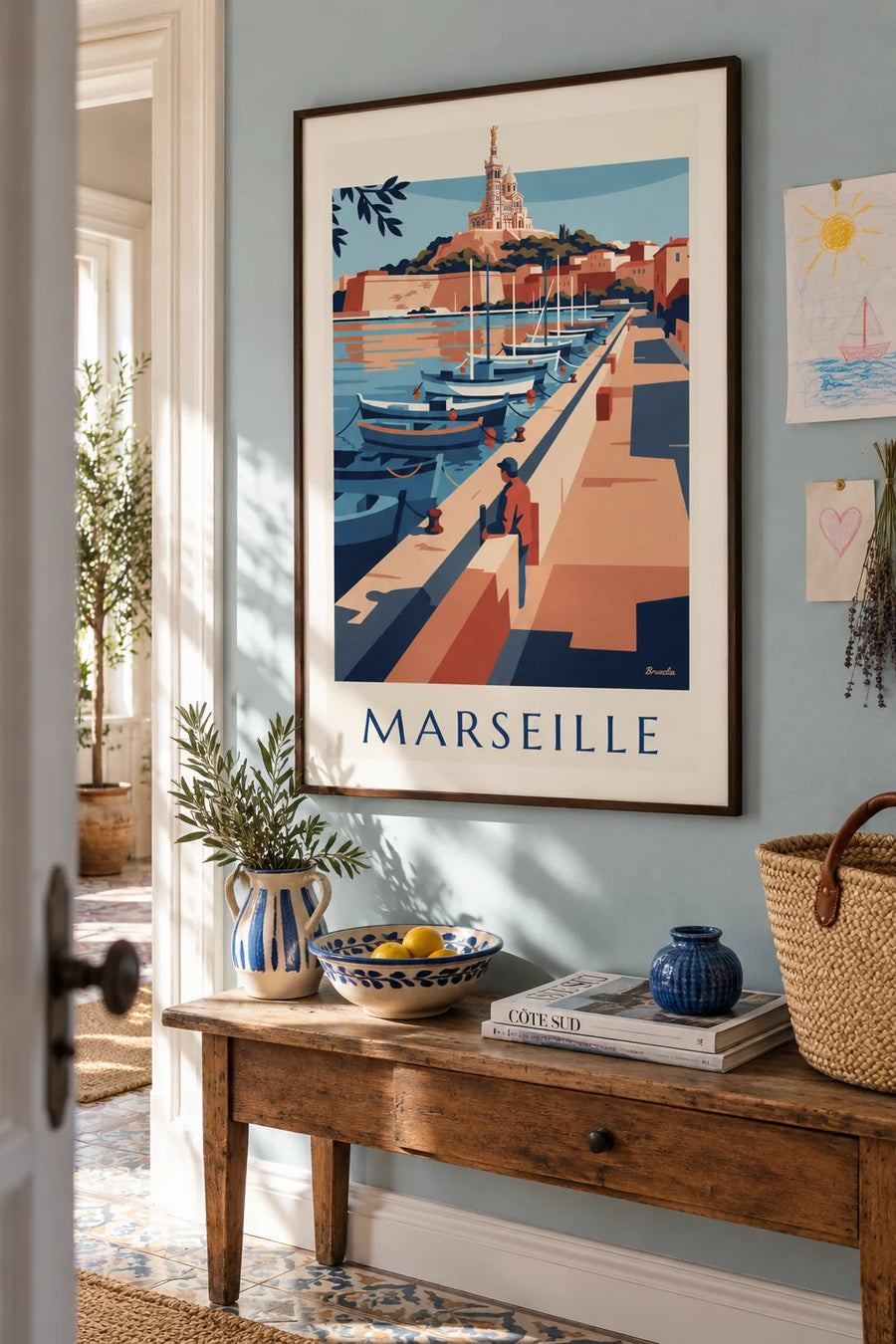 Poster of Notre-Dame de la Garde and rowboats on the Old Port quay in Marseille: framed on the wall