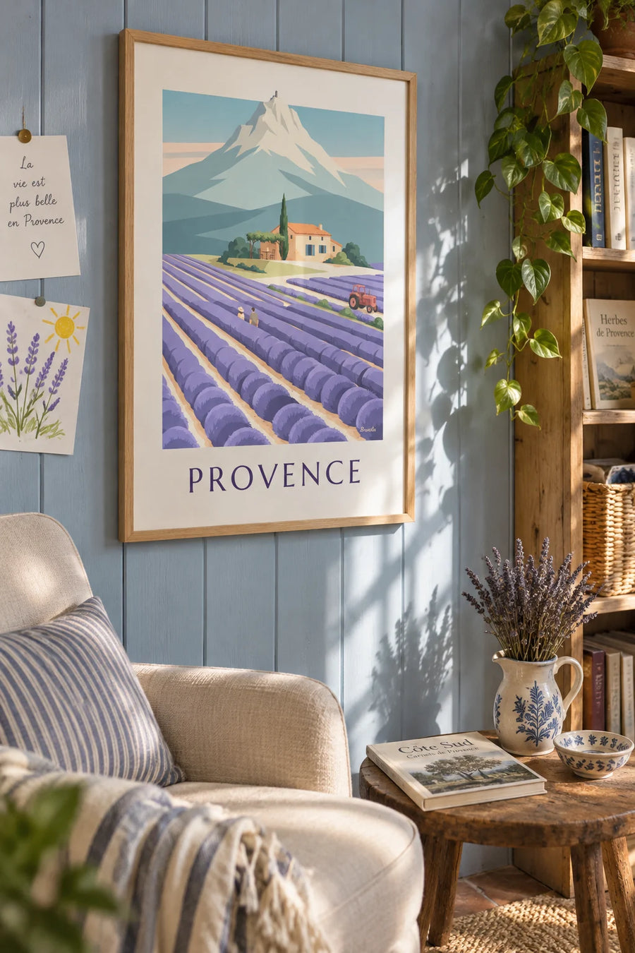 Affiche mas provençal dans les champs de lavande : encadrée au mur