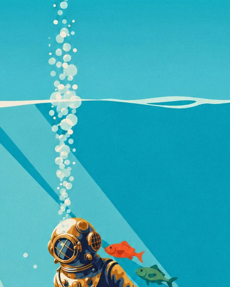 Affiche scaphandrier au casque de cuivre plongeant dans la mer : détail en gros plan