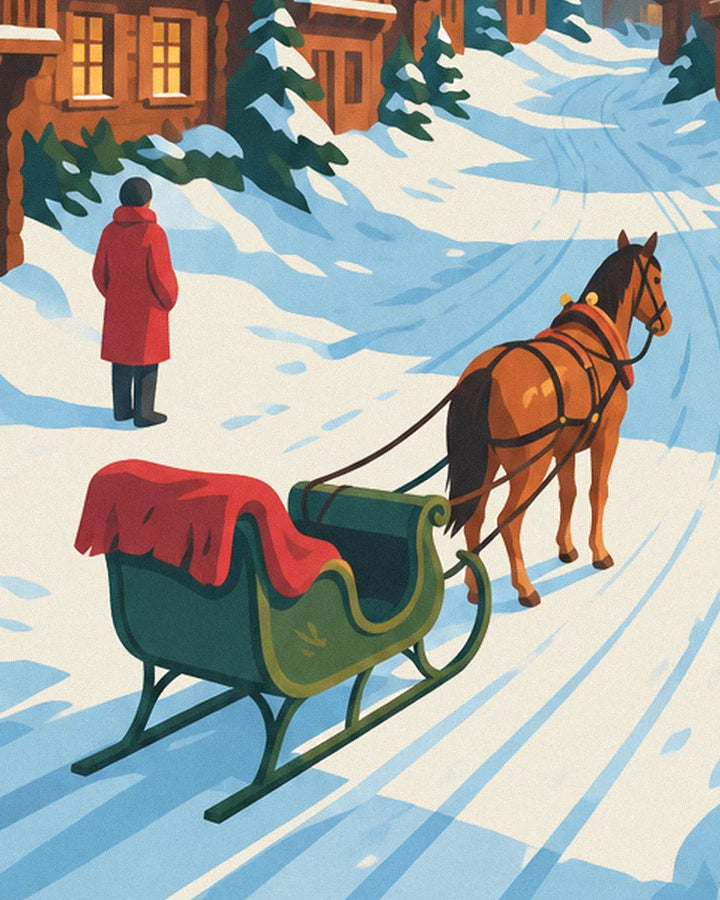 Le traîneau vert à la couverture rouge et son cheval alezan, sur la neige