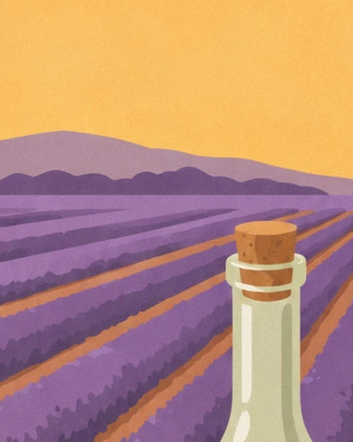 A bottle with a cork stopper in front of lavender rows and mauve hills