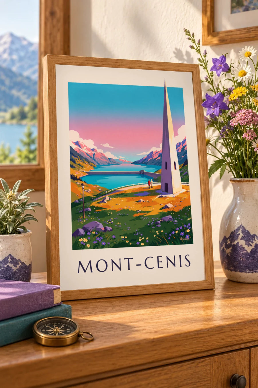 Plakát jezero Mont-Cenis při západu slunce: malý formát A4 v rámu