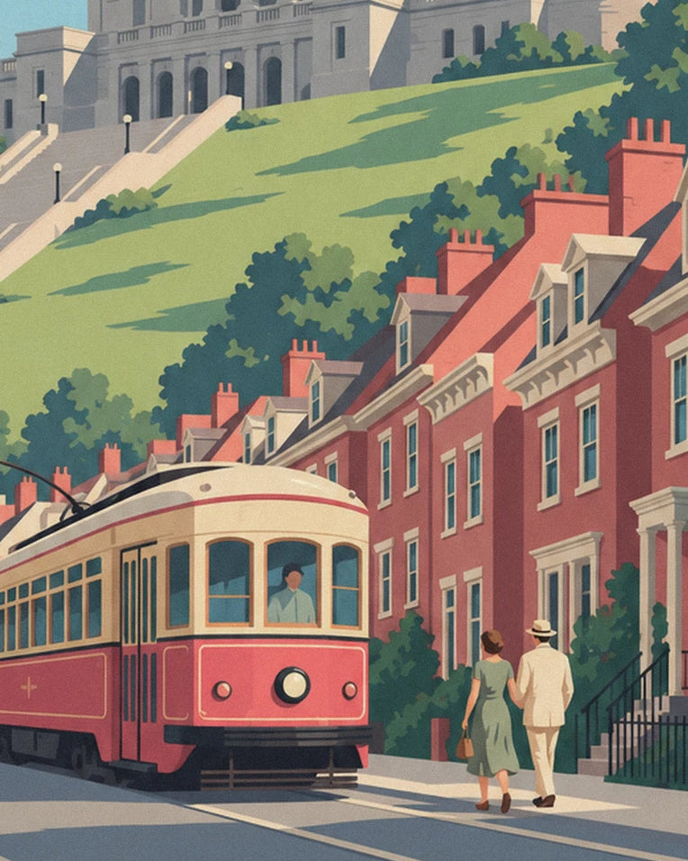 Red tram climbing to Saint-Joseph’s Oratory poster: close-up detail