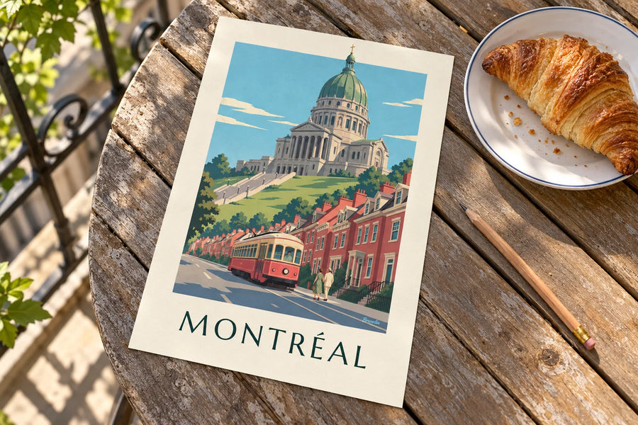 Affiche tramway rouge montant vers l'oratoire Saint-Joseph : posée sur une table