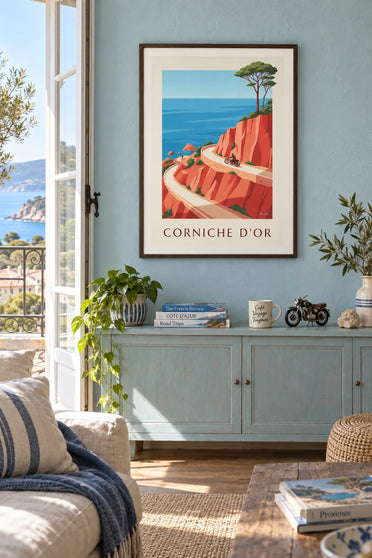 Affiche moto sur la route de la Corniche d'Or dans l'Estérel : encadrée au mur
