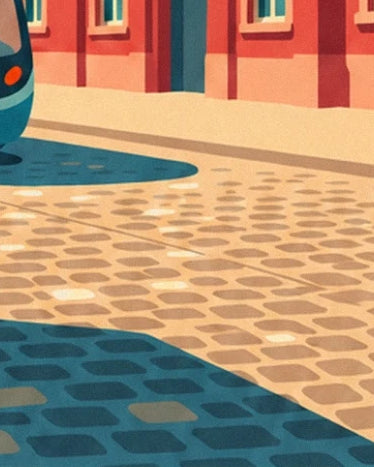 The golden cobblestones of place de la Réunion crossed by long blue shadows
