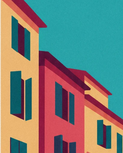 Façades ocre et rose corail aux volets bleu canard, sous un ciel turquoise