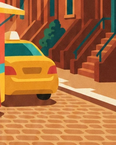 The yellow taxi at the foot of the brick steps and green railings of New York