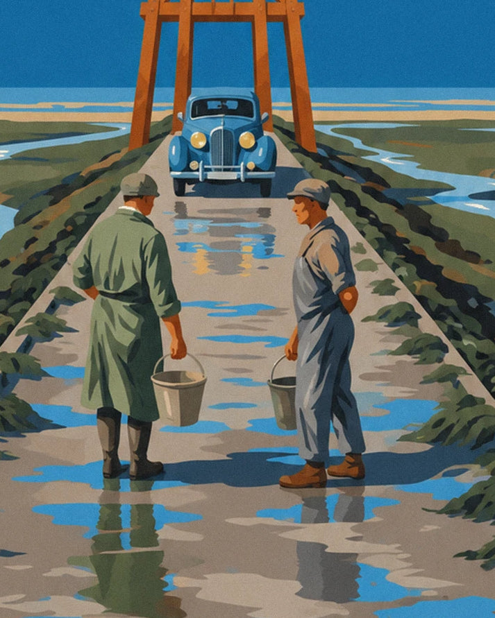 Les 2 pêcheurs à pied, seaux à la main, face à une voiture bleue sur le passage inondé