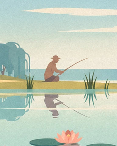 The angler and his reflection in the pond, beside reeds and a pink water lily