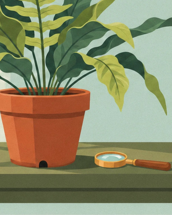 The terracotta pot on the table, with a wooden-handled magnifying glass beside it
