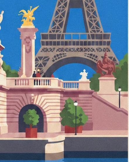 The tour Eiffel behind the bridge, with its golden statue and 2 potted trees on the quay