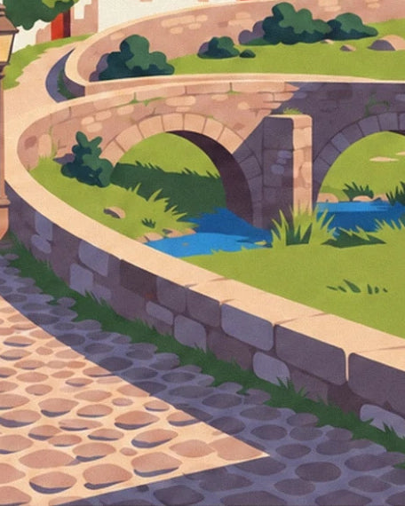 Le pont de pierre à arches sur le ruisseau bleu, le long du chemin pavé