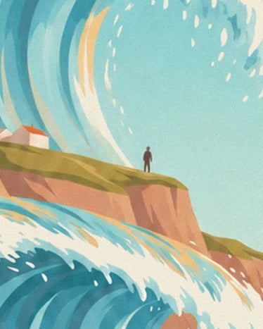 A figure on the grassy cliff, between a white house and a huge wave