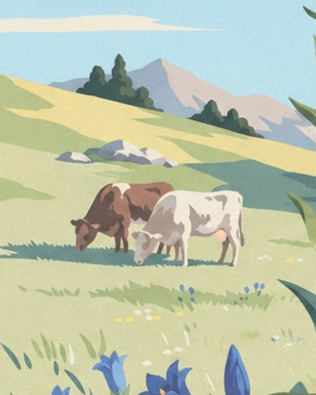 Les 2 vaches brune et blanche dans l’alpage verdoyant au pied des montagnes