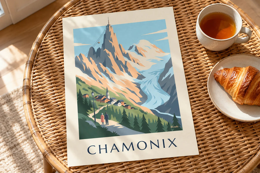 Plakát s masivem Mont Blanc při pohledu z Chamonix: plakát položený na stole
