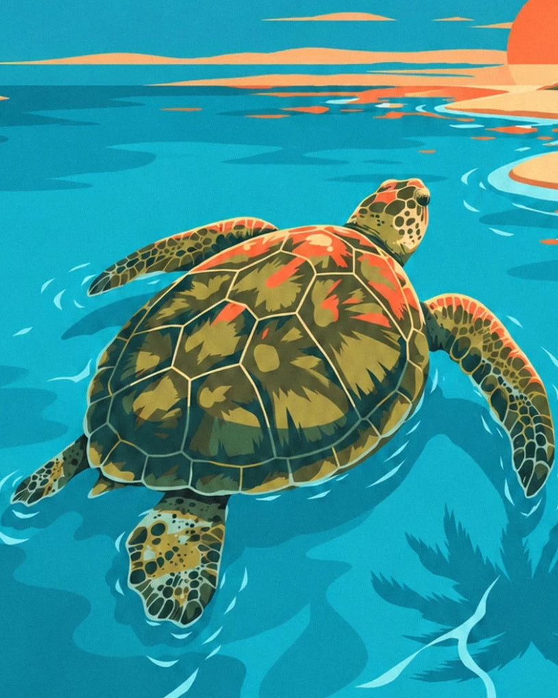 The sea turtle with a green and orange shell in the turquoise water