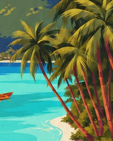 Les palmiers aux troncs inclinés sur une plage claire au bord du lagon turquoise