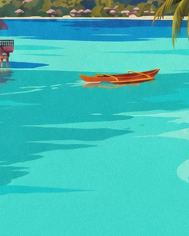 Une pirogue orange à balancier sur les eaux turquoise du lagon de Bora-Bora