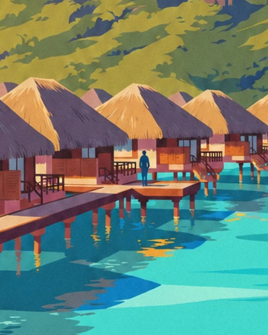 Les bungalows sur pilotis aux toits dorés et un personnage bleu sur le ponton