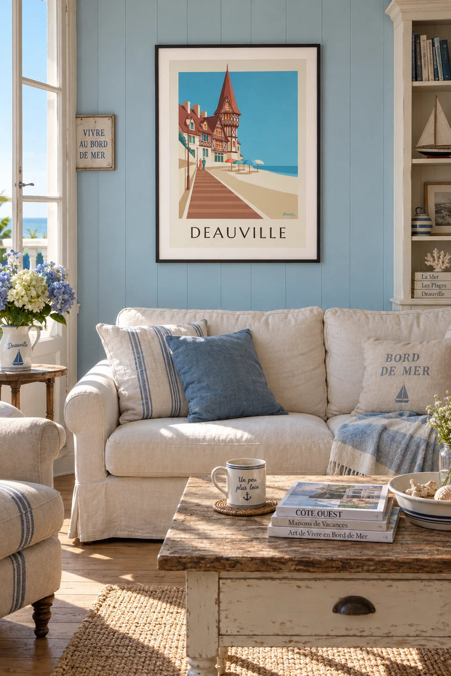 Poster of half-timbered villas and parasols on Deauville beach: framed on the wall