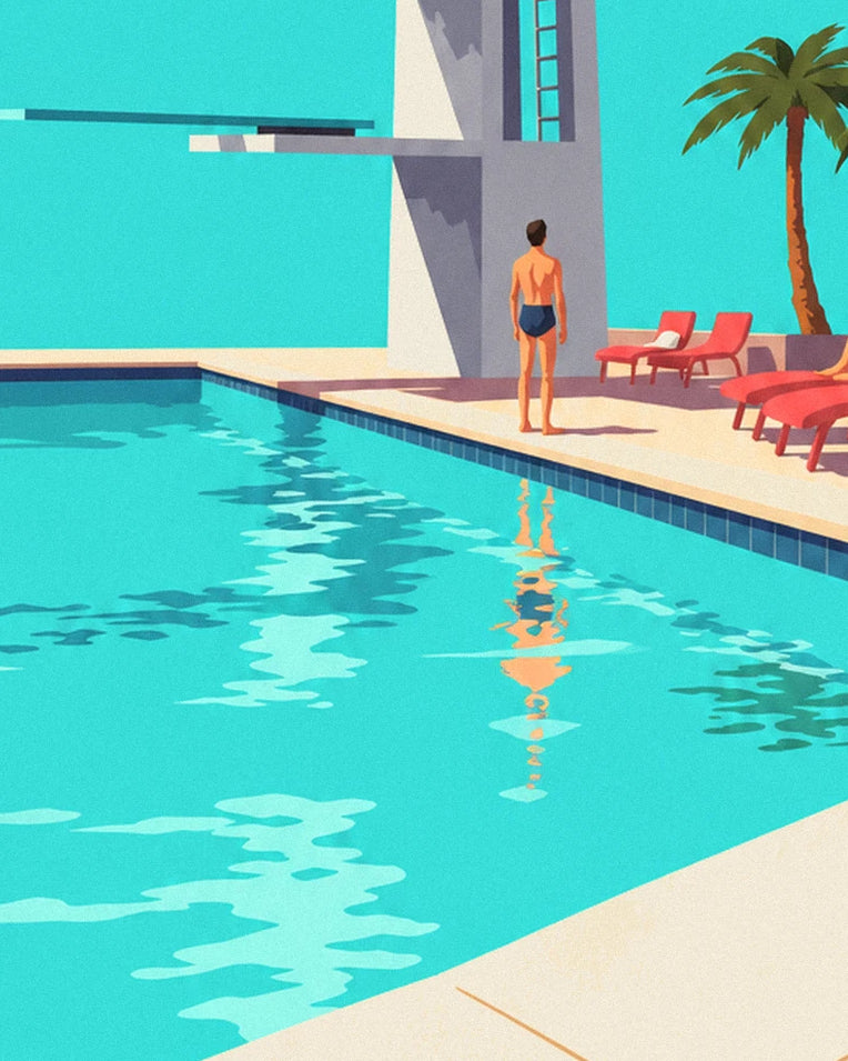 Affiche plongeoir de piscine en plein air sous le soleil : détail en gros plan