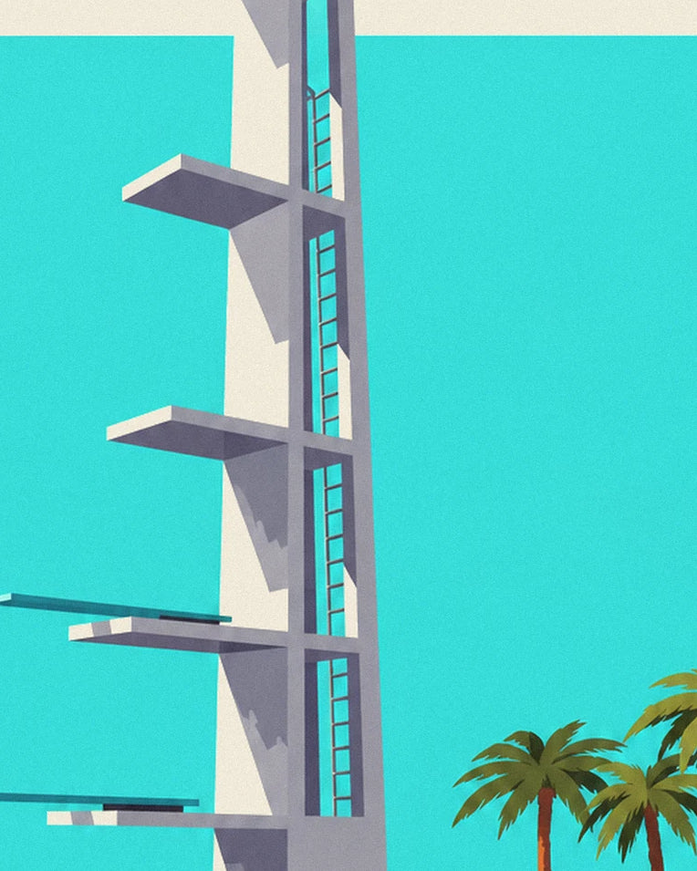 Affiche plongeoir de piscine en plein air sous le soleil : détail en gros plan