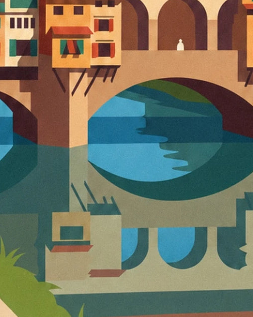 Une arche du Ponte Vecchio et son reflet arrondi dans l’Arno bleu et vert