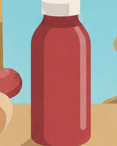 A red ketchup bottle with a white cap against a turquoise blue background