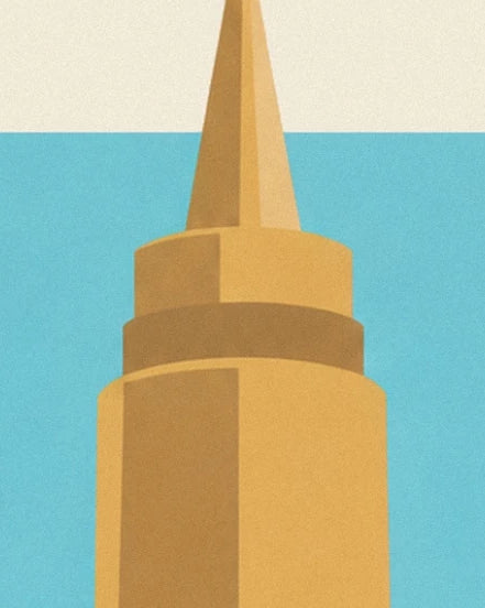 A yellow mustard bottle with a long pointed nozzle against a turquoise and cream background