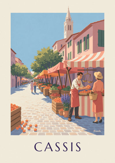 Poster of a Provençal market stall in Cassis, place Baragnon: the full poster