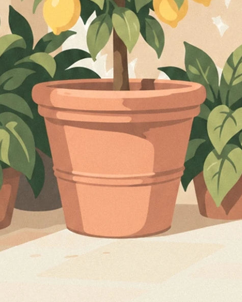 The terracotta pot with a thick rim, surrounded by plants with broad green leaves