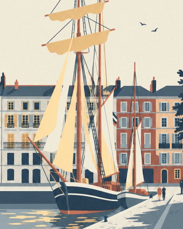 The sailing boats with cream sails in front of the colourful façades of quai de la Fosse