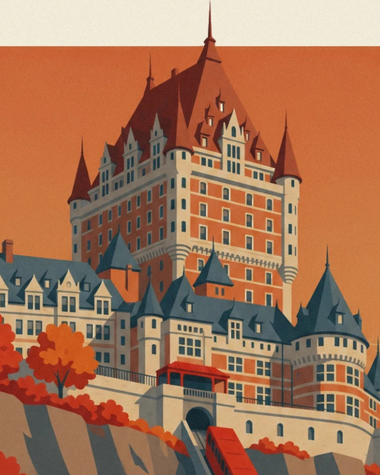 Le Château Frontenac aux toits pointus, entre feuillages orangés et ciel cuivré